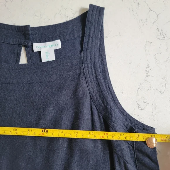 Cynthia Rowley Navy Linen blend coastal Dress Gold Shell Buttons Pockets Size L - Picture 4 of 11